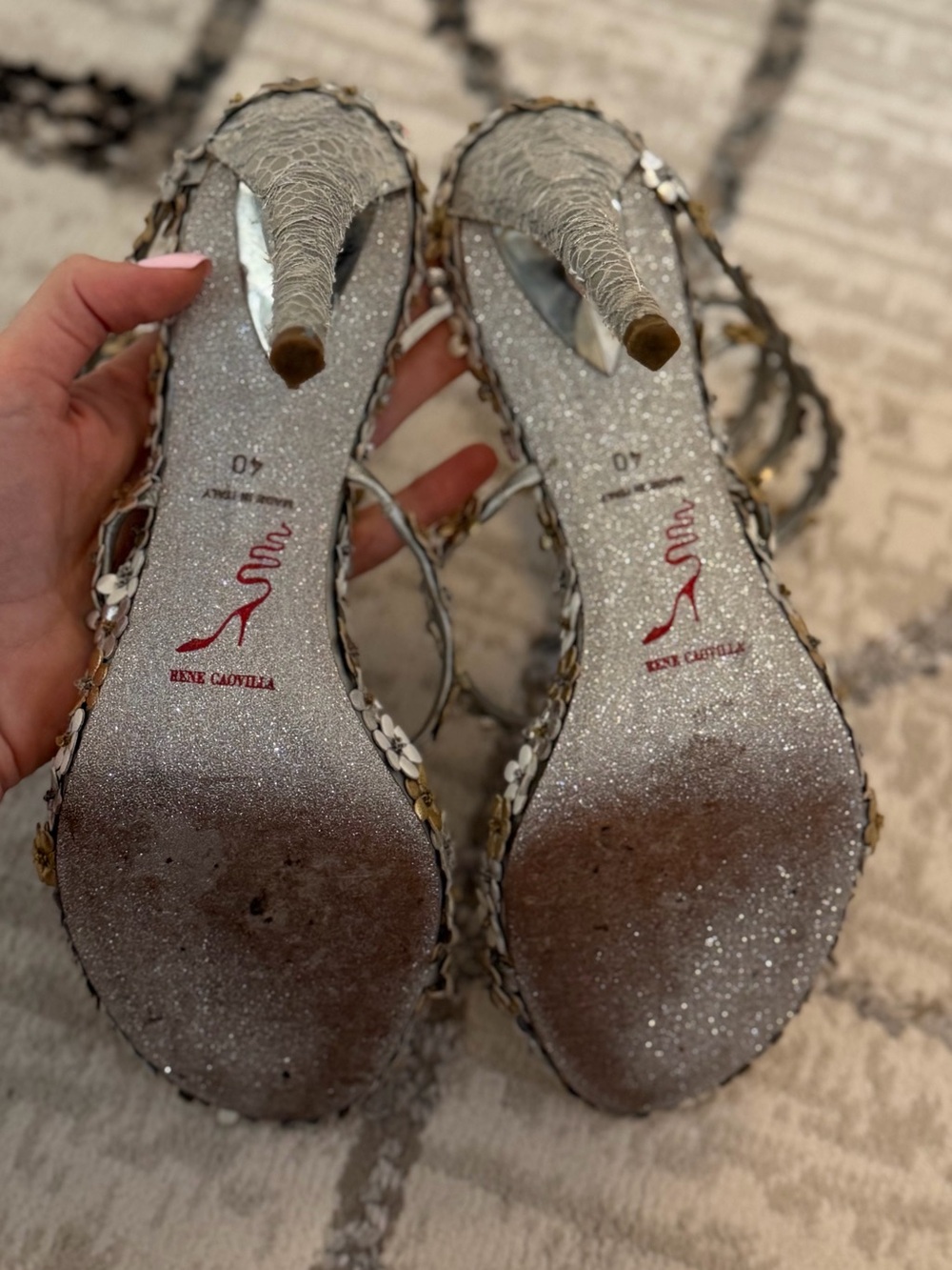 Rene Caovilla Floral Wrap-Around Strappy Heels in Gold Silver and White - Picture 3 of 4
